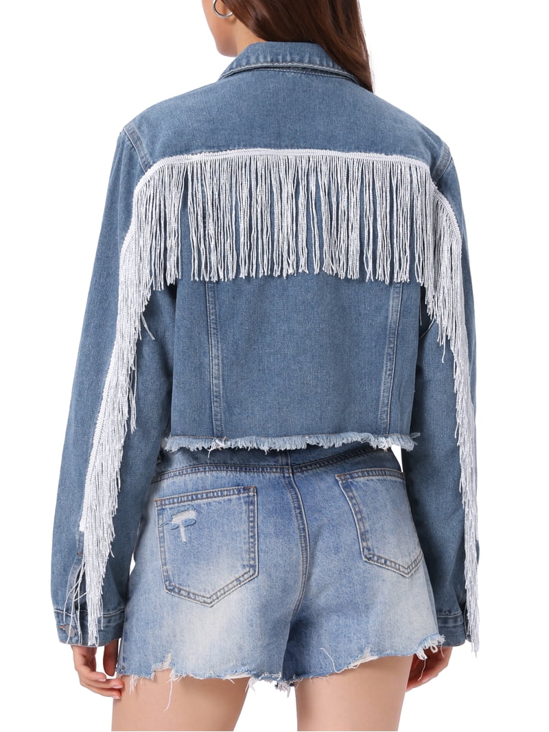 INSPIRE CHIC Women's Halloween Jacket Cropped Jean Fringe Long
