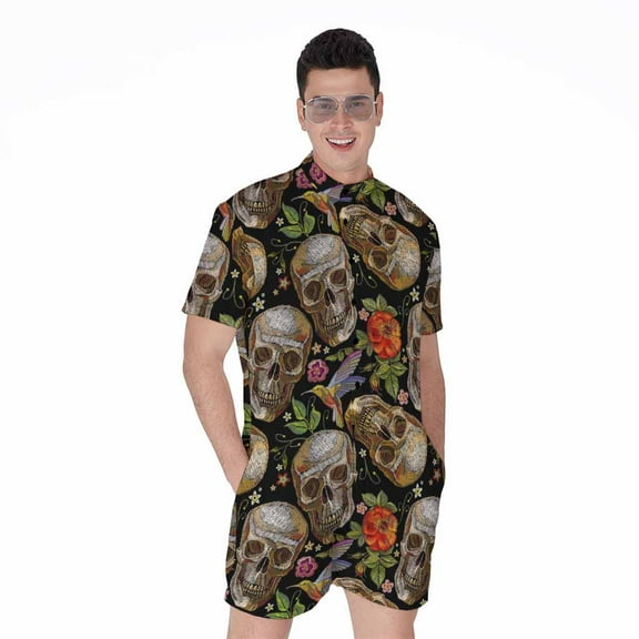 Vintage Skull Pattern Short Sleeve Men'S Rompers, Skull Lover Gifts Casual Summer Jumpsuits Outfit