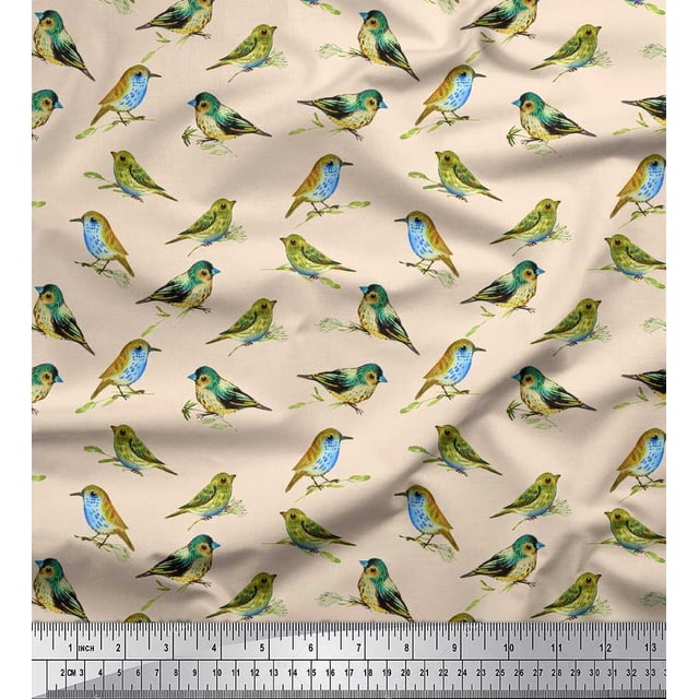 Soimoi Cotton Poplin Fabric Flycathcer Bird Print Sewing Fabric Yard 42 Inch Wide
