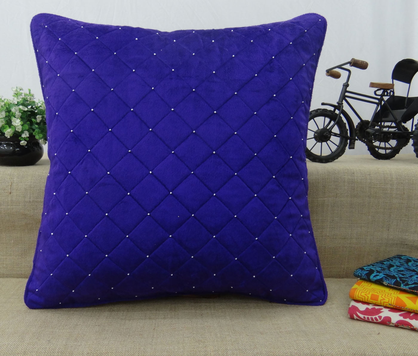 S4Sassy Decorative Hand Beaded Quilted Cushion Cover Case Royal Velvet