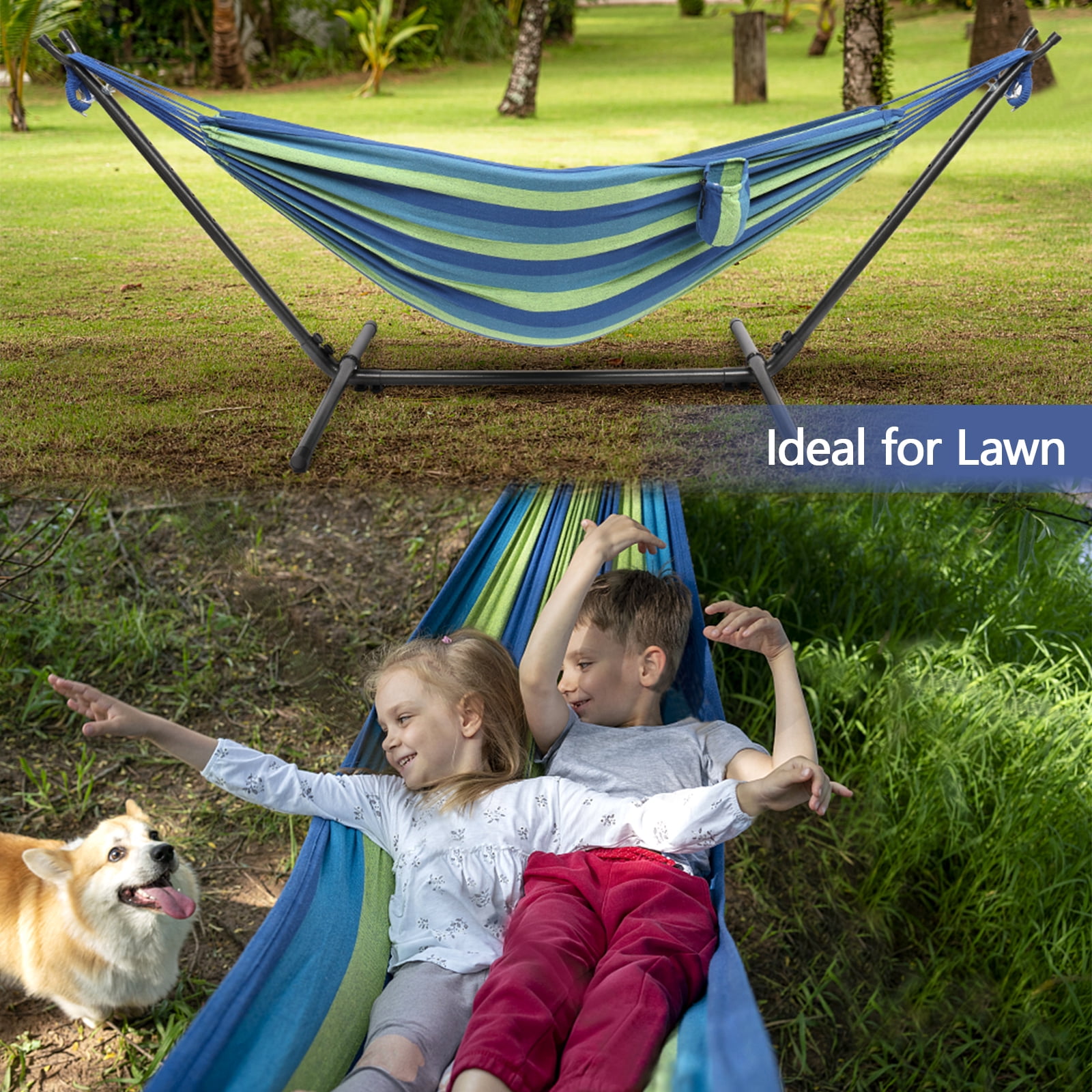 Ktaxon 9ft 200*150cm Polyester Cotton Hammock Hammock Set Blue Strip