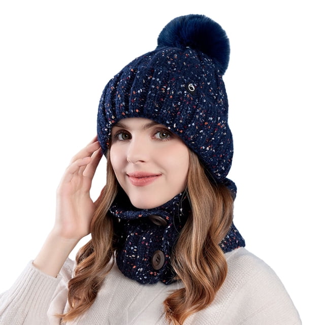 Adult Warm Hat Bib Two Piece Set Knitted Woolen Ear Protector for Outdoor Riding Winter Accessories