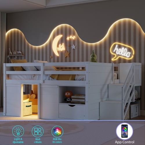 HICOMILA Low Loft Bed with Staircase & Storage - Solid Wood Frame with LED Light