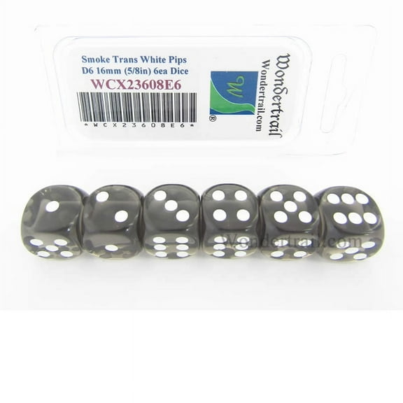 Smoke Translucent Dice with White Pips D6 16mm (5/8in) Pack of 6 Wondertrail
