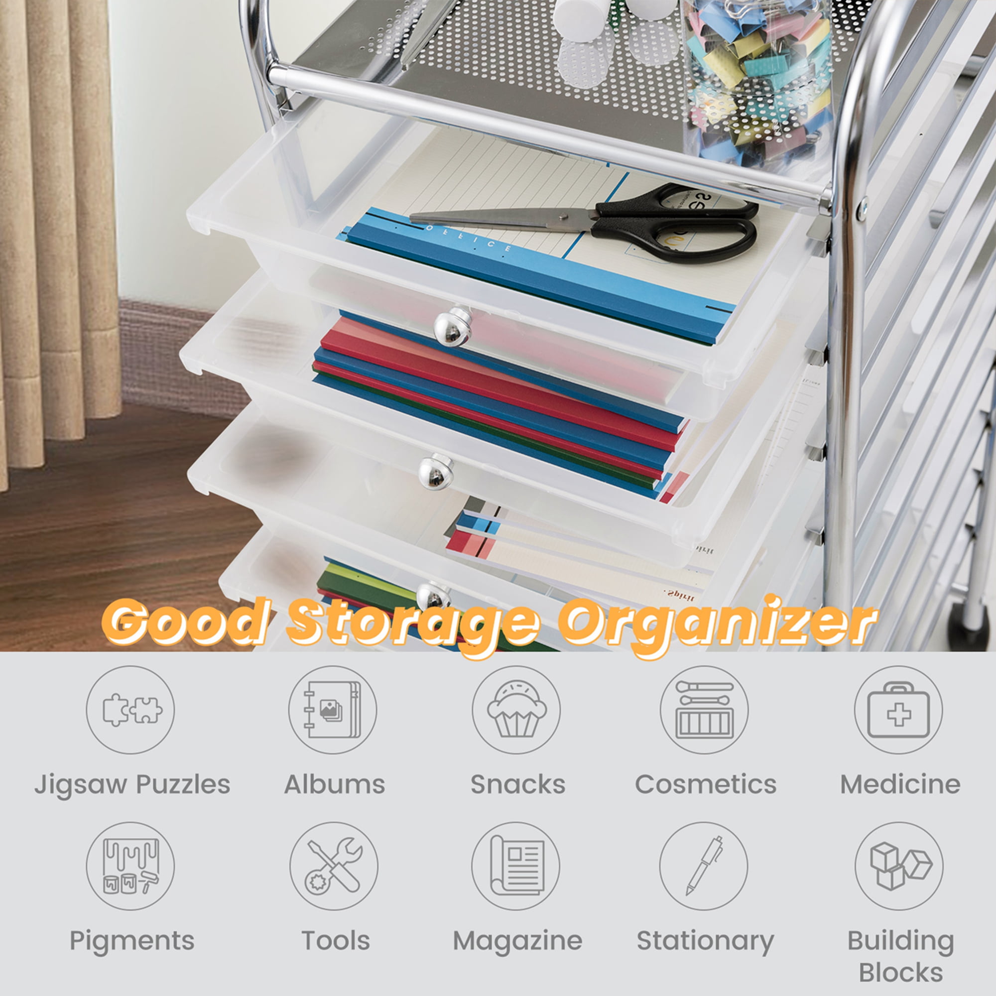 Costway 10 Drawer Rolling Storage Cart Scrapbook Paper Office School Organizer Clear