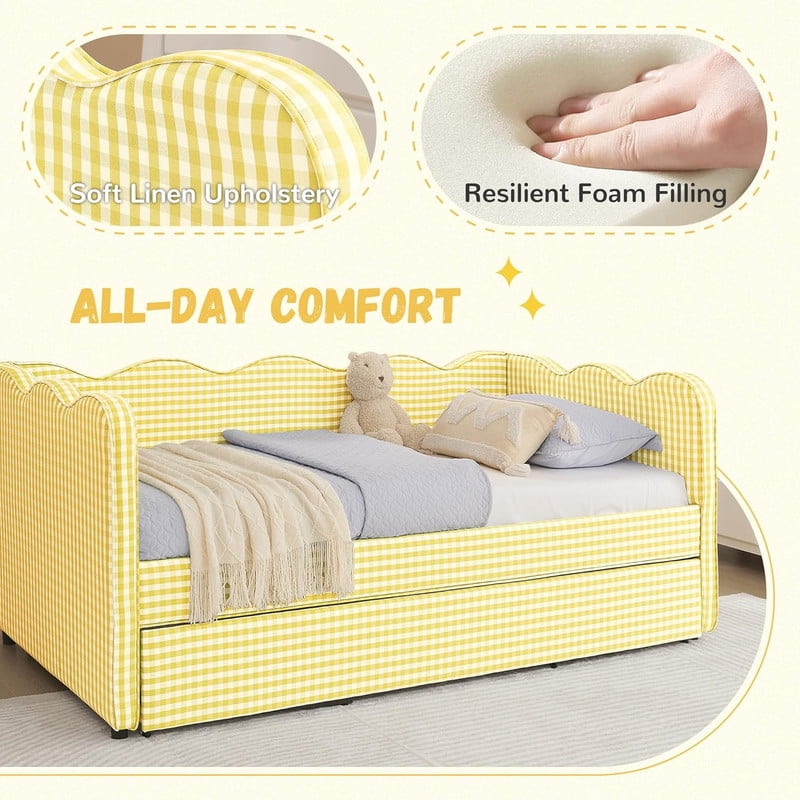 Twin Size Upholstery Daybed with Trundle and USB, Twin to King Design Adorable Wave Shaped Extendable Linen Sofa Bed Cozy Gingham Daybed, for Living Room and Bedroom