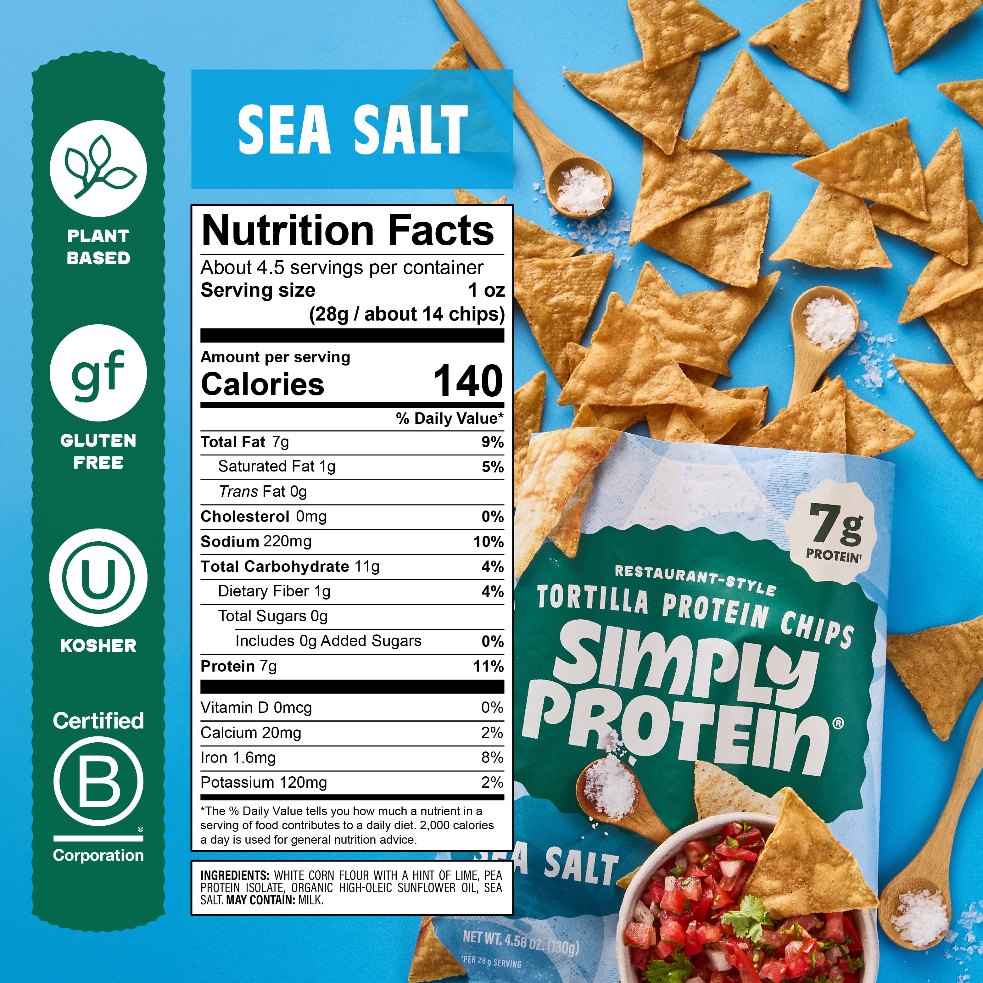 Simply Protein Restaurant Style Tortilla Chips Sea Salt, 7g Protein, Gluten Free, 1 pack, 4.58 oz