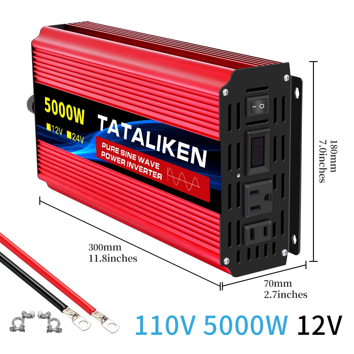 TATALIKEN 5000W（Rating power 2000 W）Pure Sine Wave Power Inverter DC 12V to AC 110V/120V Car Inverter with Battery Clamp Cable 2 AC Outlets for Power Tools Home Vehicles RV Truck, LCD Display Red