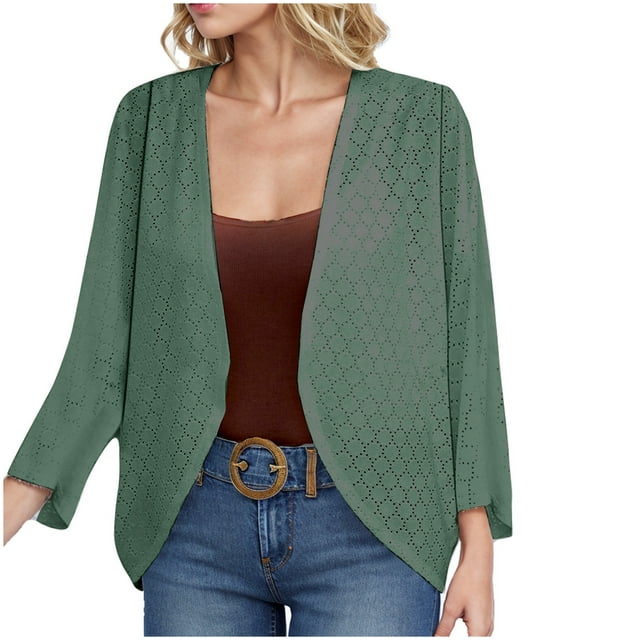 Timegard Lightweight Cardigan for Women Casual Loose Eyelet Long Sleeve Open Front Jackets Fall Fashion