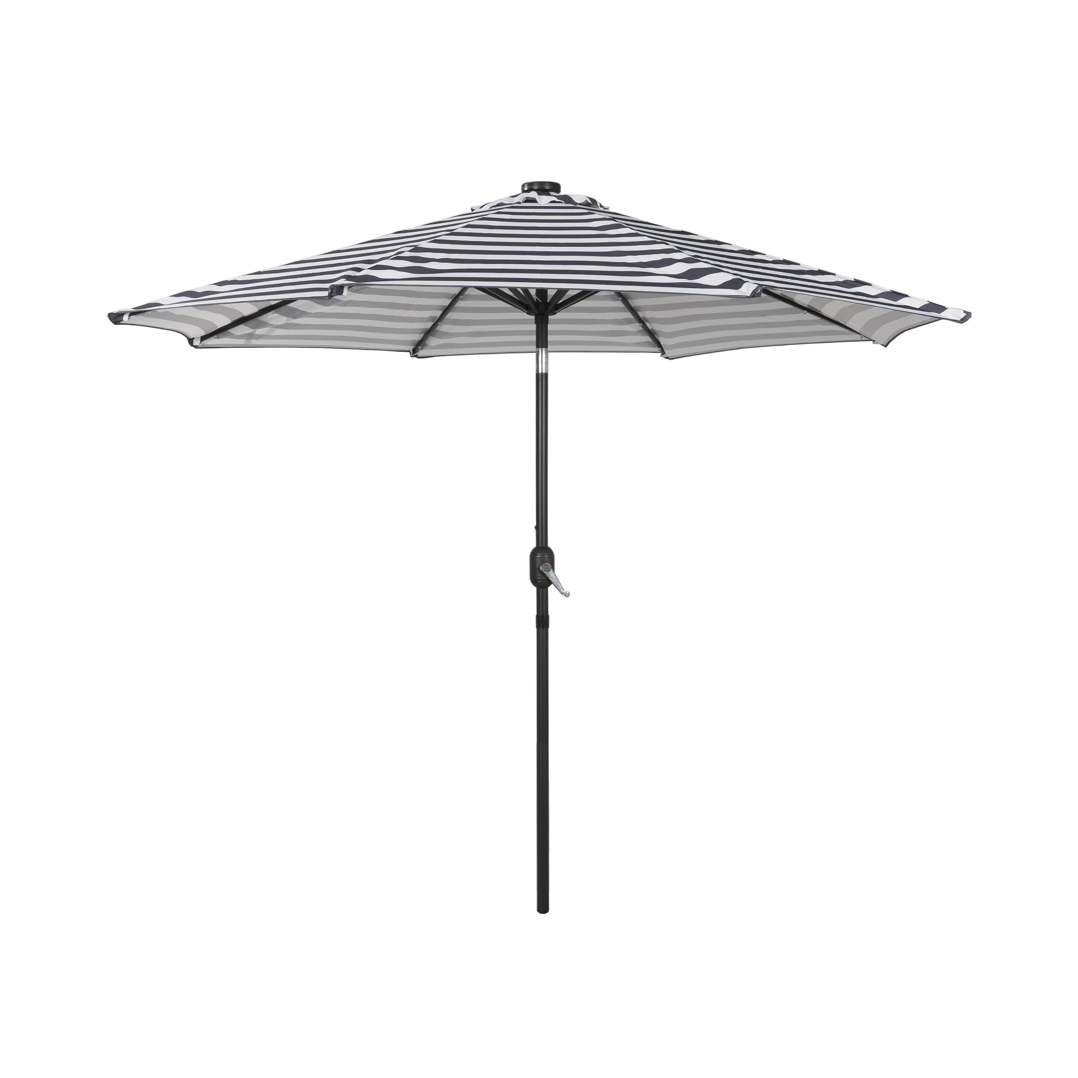 WestinTrends Cyrus 9 Ft Outdoor Patio Umbrella with Base Include, Solar Powered 32 LED Light Umbrella with Tilt and Crank, 20 inch Fillable Black Round Base, Black/White Stripe