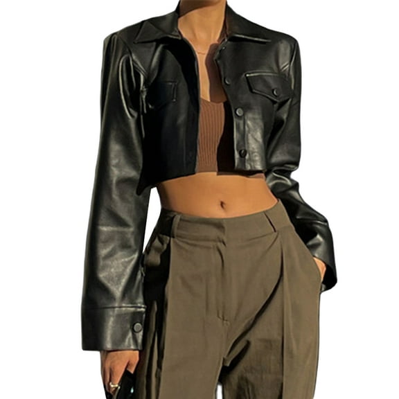 Lamuusaa Women Crop Leather Jacket Solid Color Casual Long Sleeve Button Down Jacket Fall Outwear