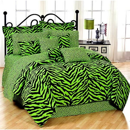 Black Lime Green Zebra Print Bed In A Bag Set Queen Size