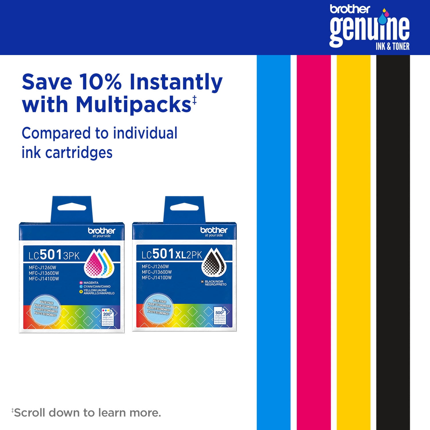 Brother Genuine LC501XL3PK 3-Pack High Yield Cyan, Magenta, and Yellow Ink Cartridges
