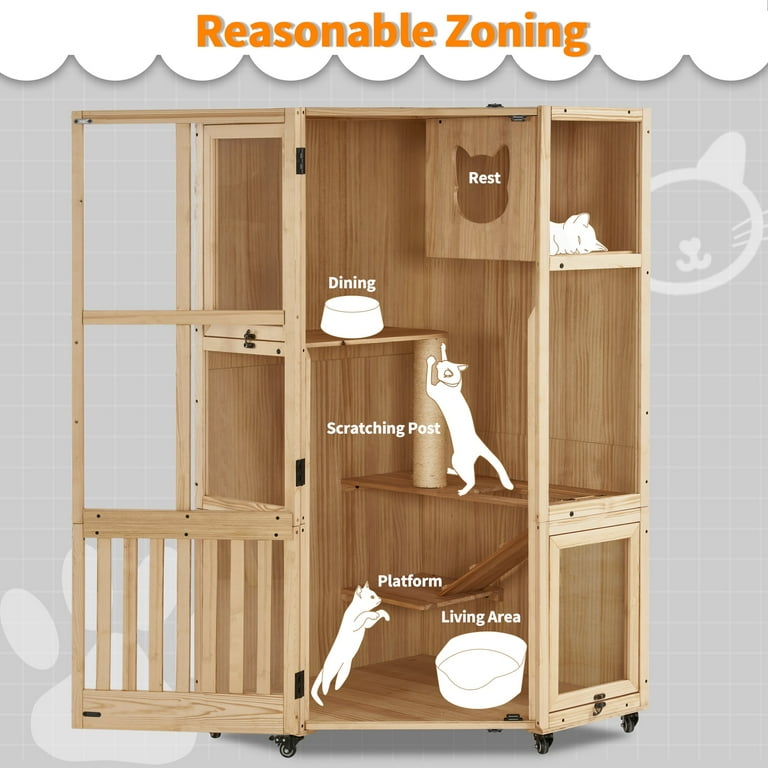 MCombo Large Corner Cat House Villa, Wooden Indoor Cat Enclosure
