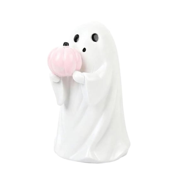 Halloween Ghost Figurine with Pink Pumpkin Holding Resin Statue, Cute Ghost Decor for Bookshelf Terrace Bedroom Porch Tabletop, Funny Home Office Party Ornament