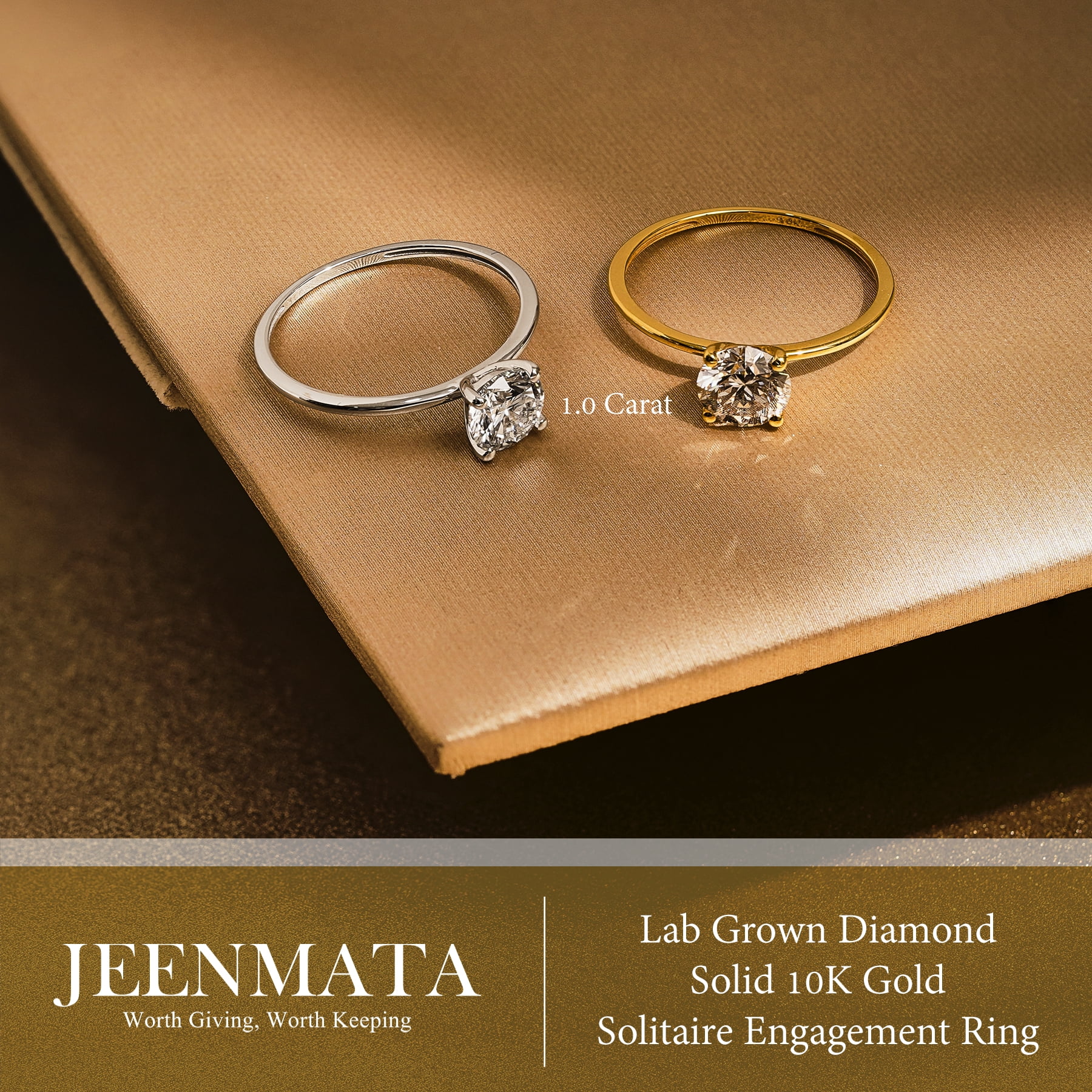 JeenMata Lab Grown Diamond 1 Carat Round Cut Solitaire Engagement Ring in Real Solid 10K Yellow Gold for Women, Gift for Her, Female, Girlfriend