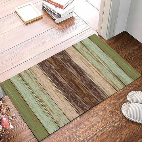 Doormat Indoor Entrance Home Decor Door Mat Sage Green Brown Stripes Floor Rugs for Kitchen Bathroom Farmhouse Country Retro Rustic Wood Funny Welcome Mat 16x24 Inch.