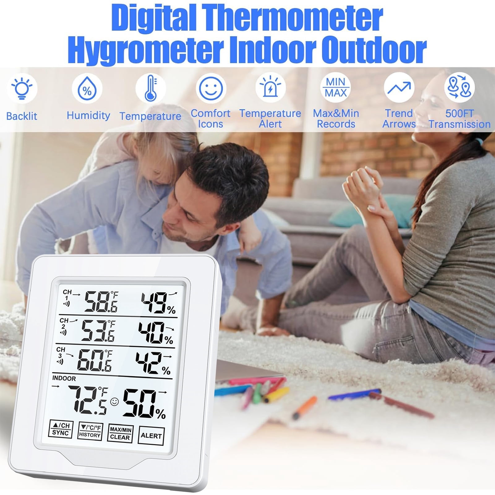 Indoor Outdoor Thermometer and Humidity Monitor 500ft/150m Range with 3 Remote Sensors and White Backlight Hygrometer Thermometer
