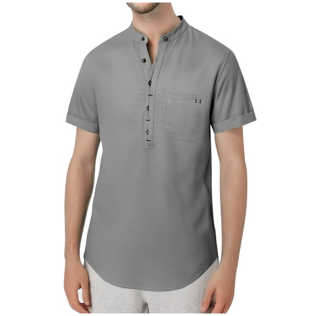 Chbgutlmr Cotton Linen Mens Shirts Lightweight Summer Notched V Neck Button Short Sleeve Curved Hem Tops