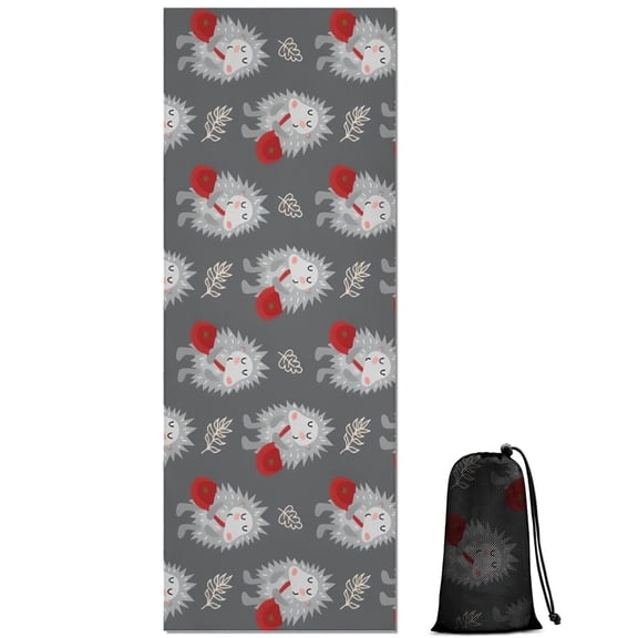Cute Hedgehog with Red Bag Pattern Hot Yoga Mat Towel Non Slip for Hot Yoga - Quick-Drying Yoga Mat Cover with 4 Corner Pockets with Travel Bag - Hot Yoga Towel Non Slip 70"x26"