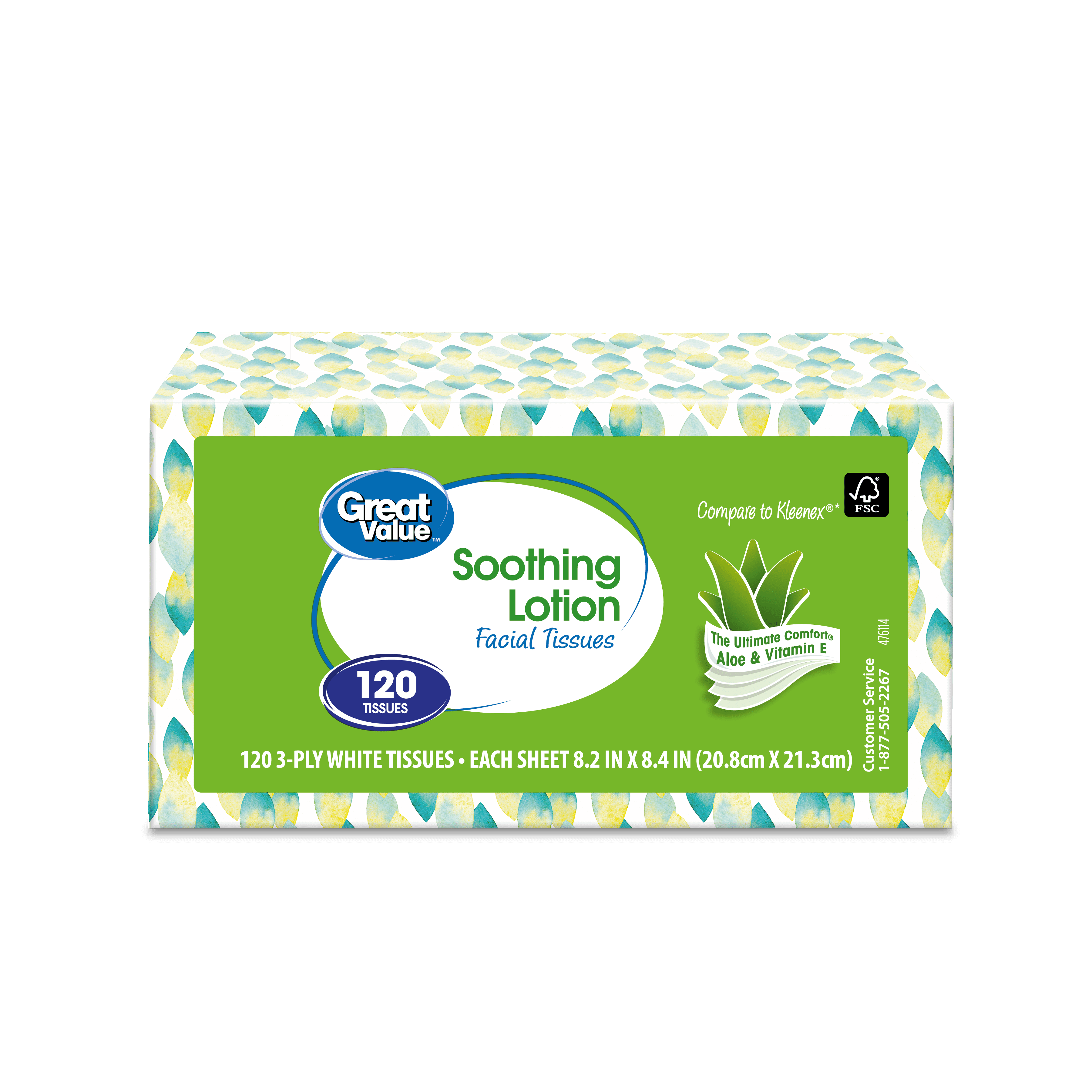 Great Value Soothing Lotion Facial Tissues, 4 Flat Cartons, 120 Tissues per Carton
