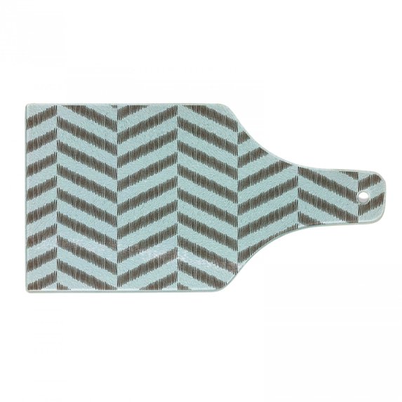 Aqua Cutting Board, Chevron Zig Zag Triangle Shapes with Sketchy Lines Image Print, Decorative Tempered Glass Cutting and Serving Board, Wine Bottle Shape, Sky Blue and Brown, by Ambesonne