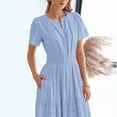 thumbnail image 4 of MORTTIC Women's Elegant V-Neck A-Line Short Sleeve Dress, Solid Color Pleated Maxi Dress for Spring/Summer Light Blue，M, 4 of 6