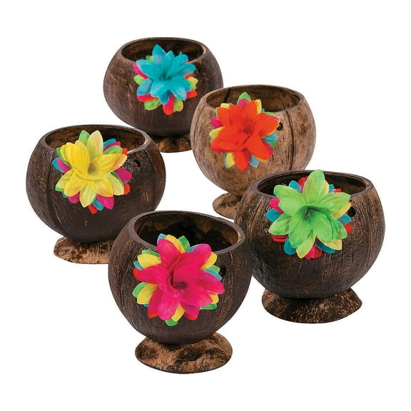 Coconut Cup W/Flowers - Party Supplies - 12 Pieces