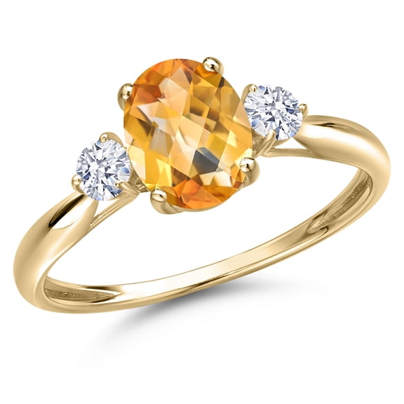 Gem Stone King 10K Yellow Gold Yellow Citrine and White Zirconia 3-Stone Ring for Women | 1.47 Cttw | Oval Checkerboard 8X6MM | Gemstone November Birthstone | Size 7