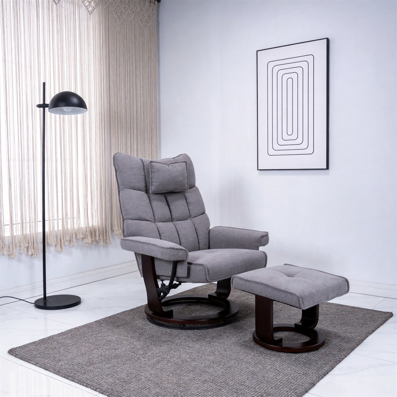Hommoo 8-Point Massage Recliner with Ottoman, Heated Chenille Fabric Reclining Chair, Bent Wood Base, Indoor Lounge TV Armchair with Footrest, Grey