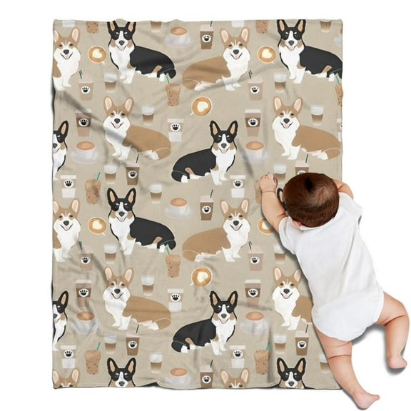 Cartoon Corgi and Coffee Blanket,Comfortable Soft Lamb Wool Throw Blanket,All Season,Warm Lightweight Blankets for Sofa Bed Couch Living Room Chair,30"x40"