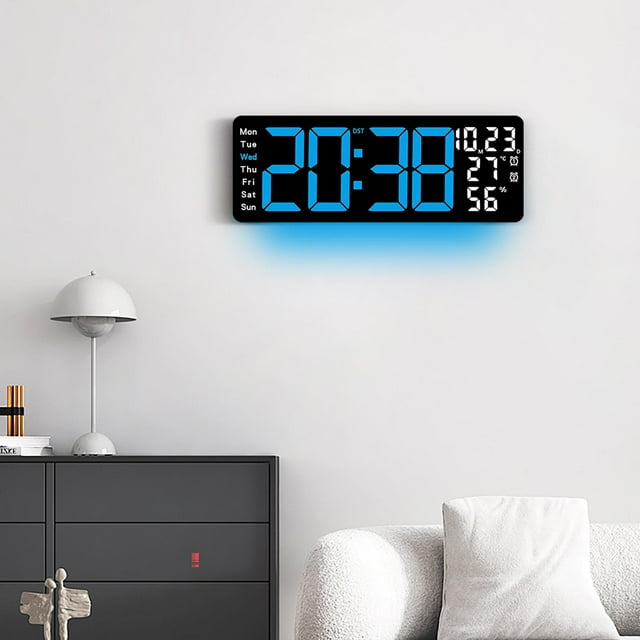 Dvkptbk Alarm Clock 17.3-Inch Living Room Wall Clock with Multifunctional LED Electronic Clock Large Size Alarm Clock Temperature and Humidity Clock Home & Garden