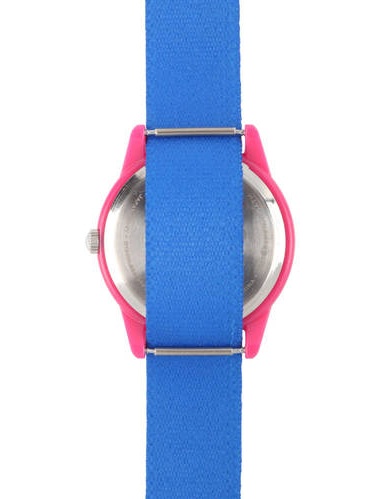Frozen Elsa and Anna Girls' Pink Plastic Time Teacher Watch, Blue Stripe Stretchy Nylon Strap - image 4 of 6