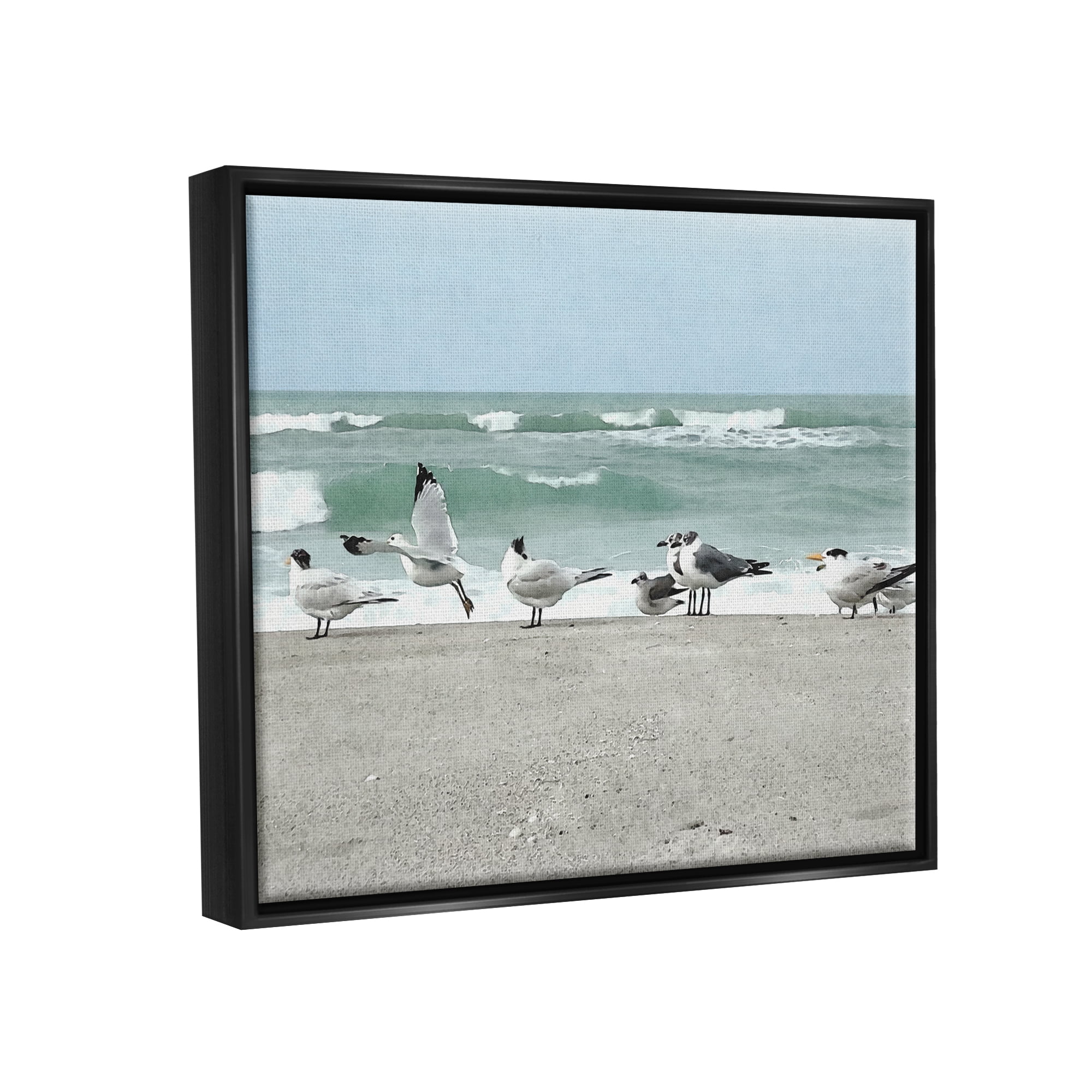 Stupell Industries Birds Gathering On Shore Rolling Ocean Waves Coastal Painting Black Floater Framed Art Print Wall Art