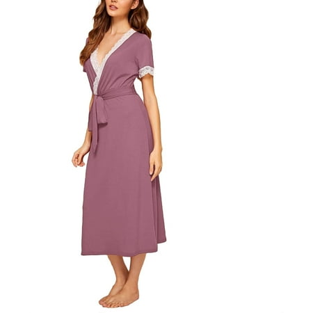 

Sexy Colorblock Deep V Neck Nightgowns Purple Short Sleeve Women Nightgowns & Sleepshirts