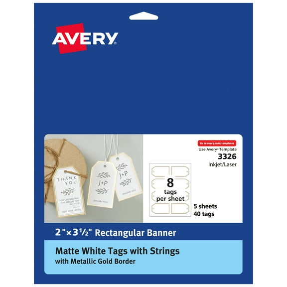 Avery Tags with Gold Borders and Strings, 2" x 3.5", 40ct (3326)