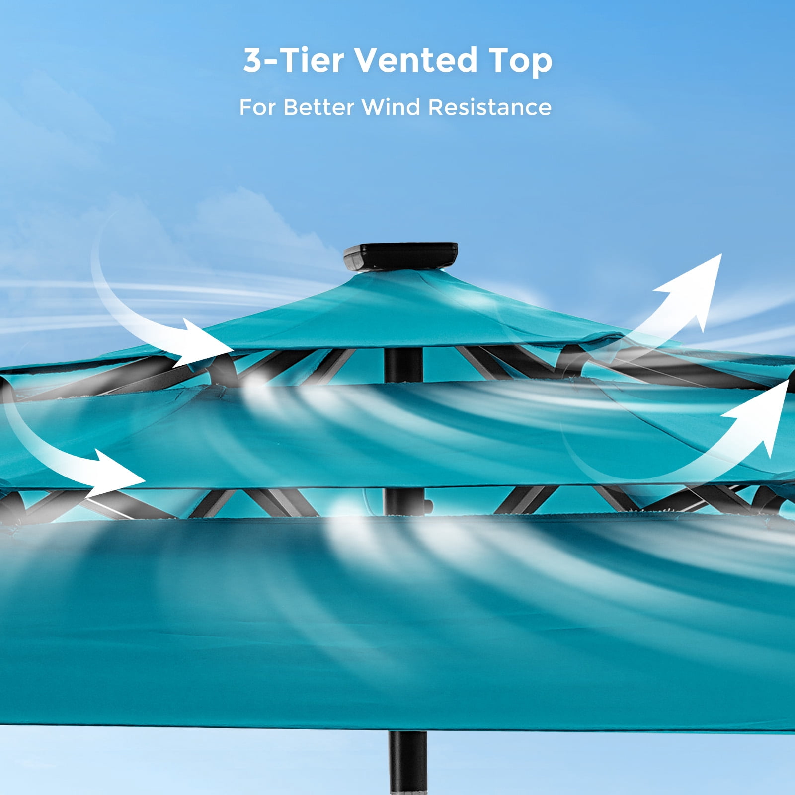 Patbrela 9ft 3-Tier Solar Patio Umbrella with LED Lights, Tilt Adjustment Outdoor Umbrella, Market Sun Shade for Beach, Backyard, Deck, Poolside, Blue