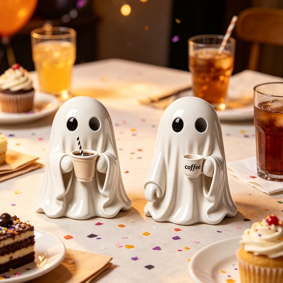 2 Piece Halloween Coffee Bar Ghost Figurine Funny Ghost Table Decor, Resin Halloween Desktop Ornaments, Spooky Cute Ghost Holding Coffee Cups, Fall Autumn Tabletop Decor for Kitchen, Desk, and Shelf