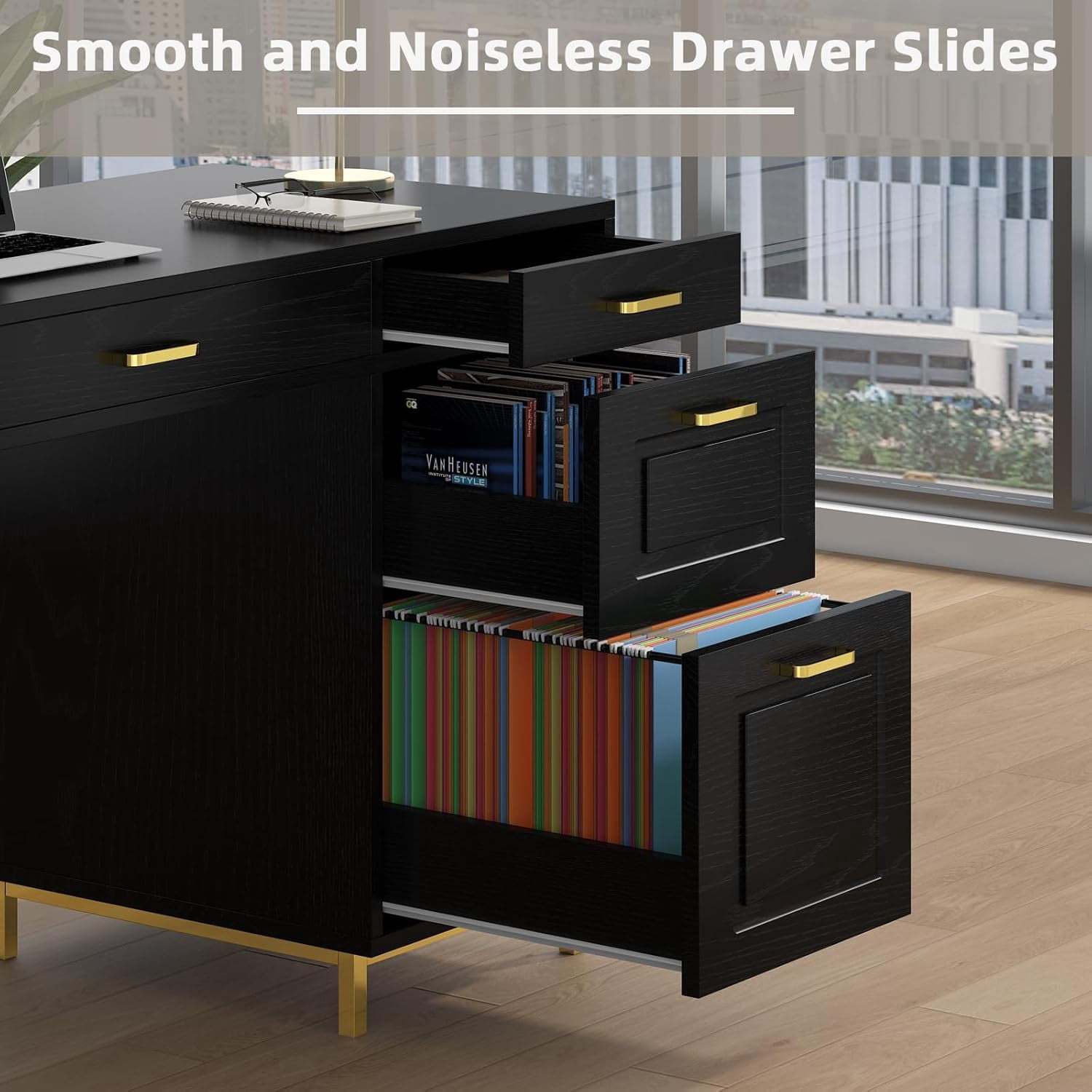 DreamCurship 57" Computer Desk with Storage, Black and Gold with 7 Drawers, Executive Desk with File Drawers, Home Office Desk for Home Office, White and Gold