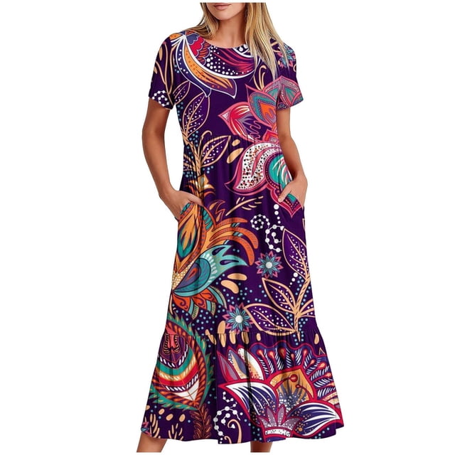 Fshaion Robe d'Été pour Femmes 2024 Grande Taille Manches Courtes Col Rond Jupe Mi-Longue avec Imprimé Superposé Double Poche Robe Liquidation Moins de 10!