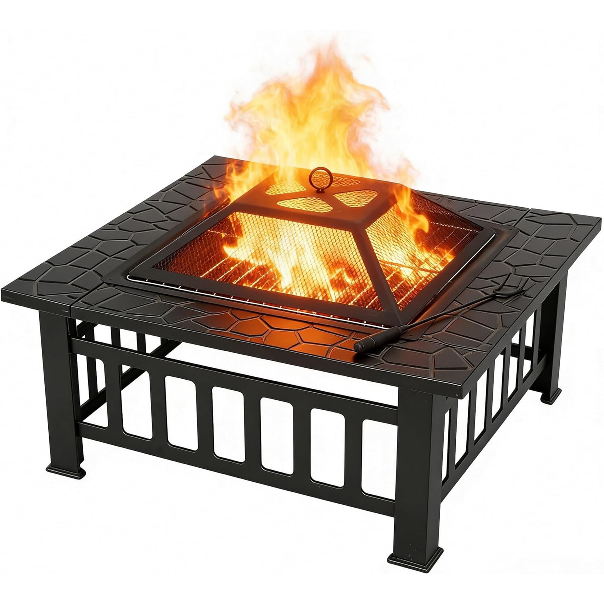 WENKE 32 inch Outdoor Fire Pit with Grill for Outside Wood Burning Square Metal Outside Fireplaces Spark Screen and Poker Included for Backyard Patio Camping Bonfire