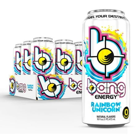 ((( best by 8/28/2024))) Bang Energy Drink with CoQ10 & Creatine - Rainbow Unicorn (12 Drinks  16 Fl Oz. Each)
