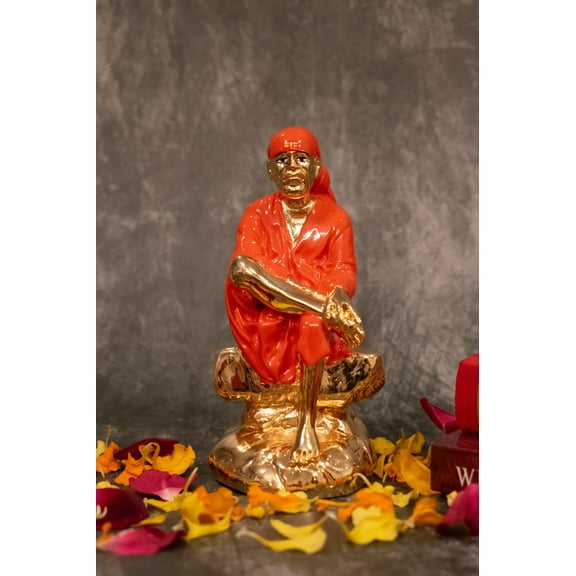 Sai Baba Idol in Orange & Gold - 6 Inches