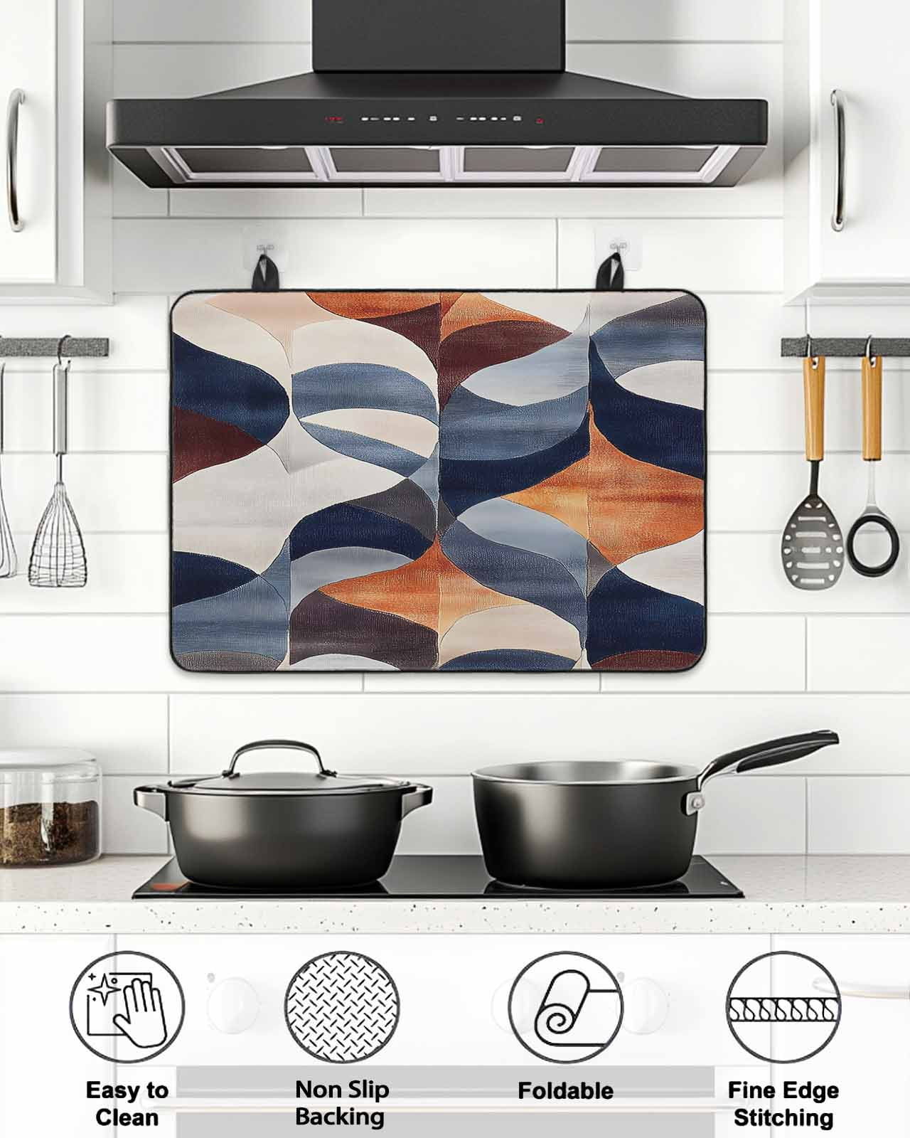 Stove Top Covers for Electric Stove, Navy Blue Burnt Orange Glass Stovetop Cover Protector, Retro Geometric Abstract Induction Cooktop Protector Oven Mat for Kitchen Countertop 24"x21"