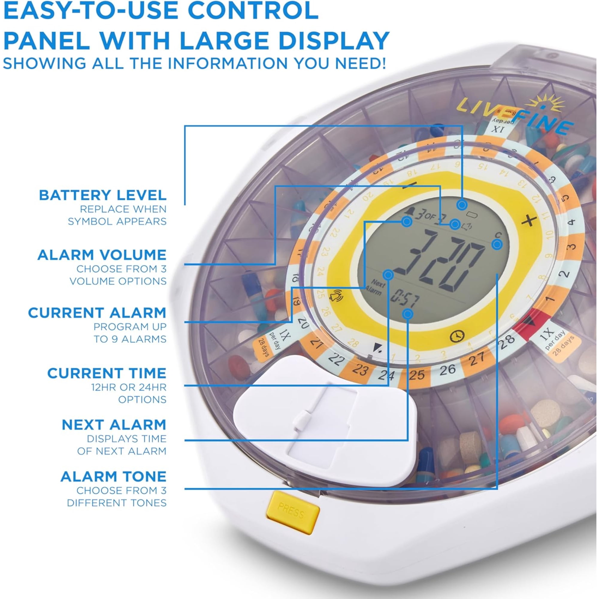 LiveFine Bluetooth Automatic Pill Organizer with Alerts, Lock & LCD - Clear Lid