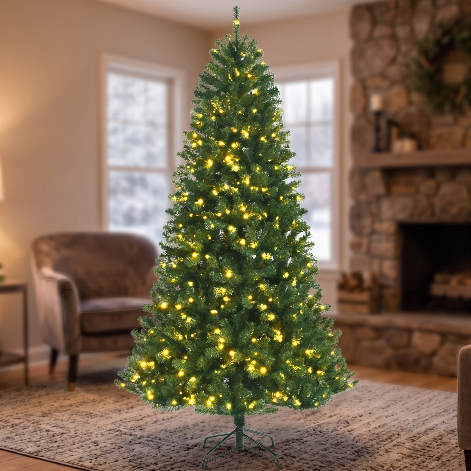 RUIE 7FT Artificial Pre-Lit Hinged Christmas Tree with 500 Remote-Controlled Color-Changing LED Lights, 1181 Tips Full Holiday Xmas Tree with Metal Stand, Green