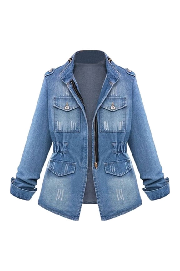 Womens Tops,Fall Denim Jackets for Women,Shacket Jacket for Women,Womens Long Sleeve Denim Shirts Jacket with Pockets,Plus Size Zipper Solid Slim Cropped Coat Blouses,Cardigan for Women