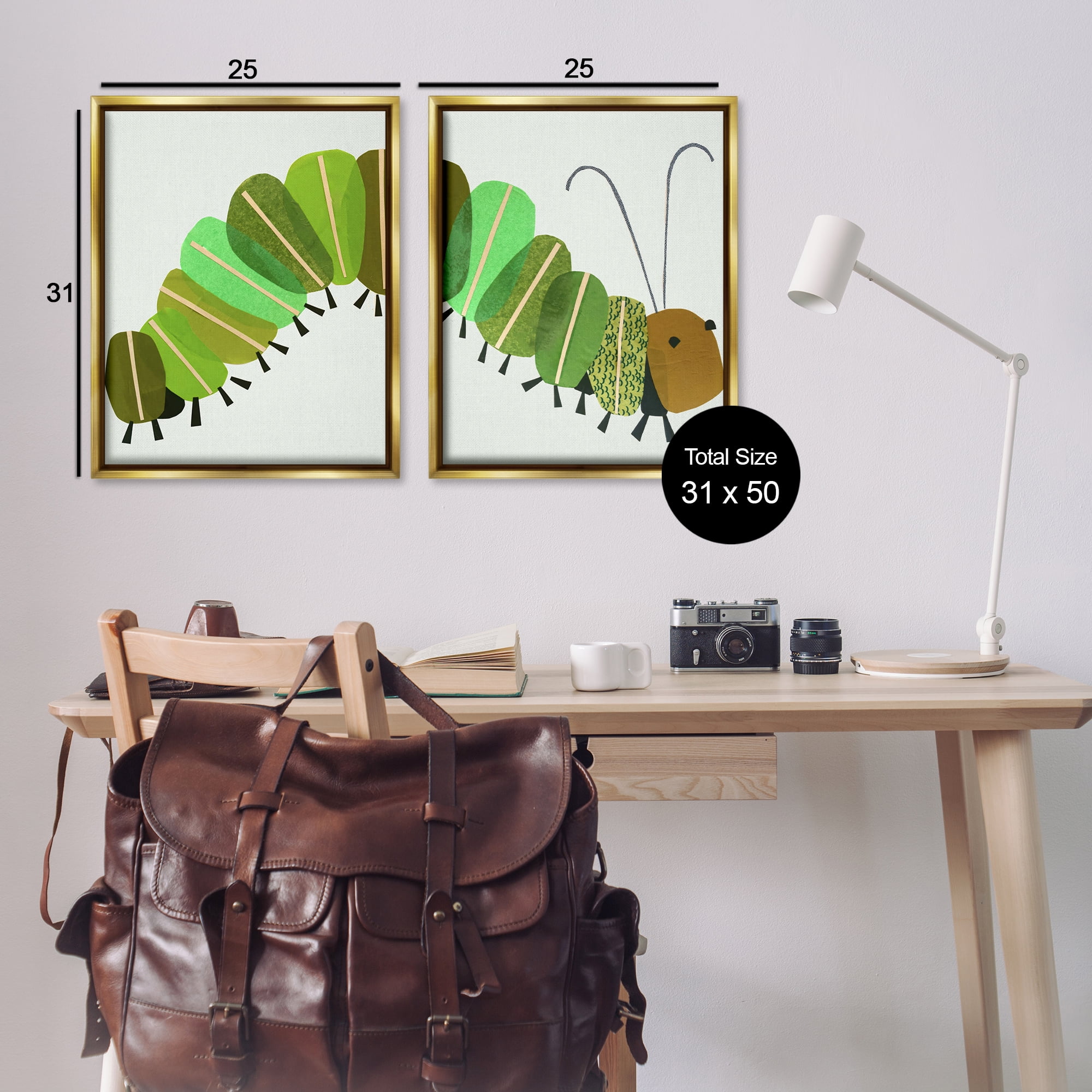 Stupell Industries Cute Cozy Caterpillar Animals Painting Gold Floater Framed Canvas Art Print Wall Art, 31 x 25, Set of 2