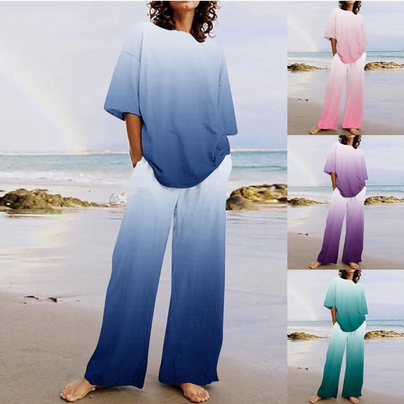 BiZtdJrK 2 Piece Outfits for Women 2024 Trendy Gradient Print Tracksuit Casual Short Sleeve Pullover Shirts and Wide Leg Pants Lounge Sets with Pockets Dark Blue L