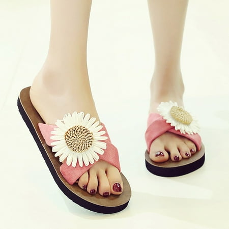 

YTJX Women Flock Beach Breathable Flowers Sandals Home Slipper Flip-Flops Flat Shoes
